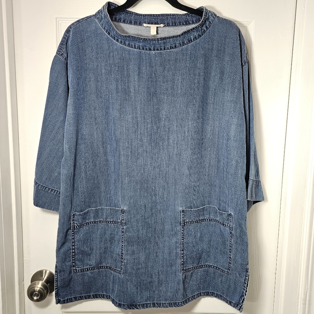 EILEEN FISHER Size Small Blue Boatneck Denim 3/4 Sleeve Top With Pockets - Picture 2 of 16
